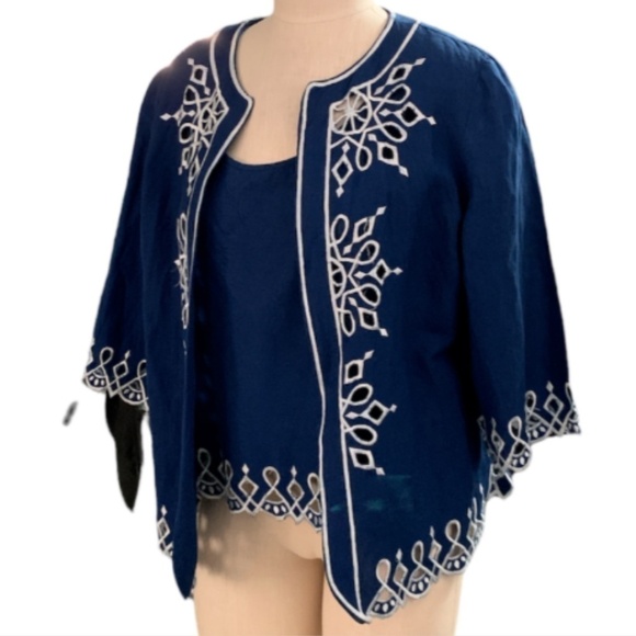 VTG Bob Mackie Wearable Art M Linen Blend Twinset Embroidery Cutouts Blue #235H - Picture 3 of 8